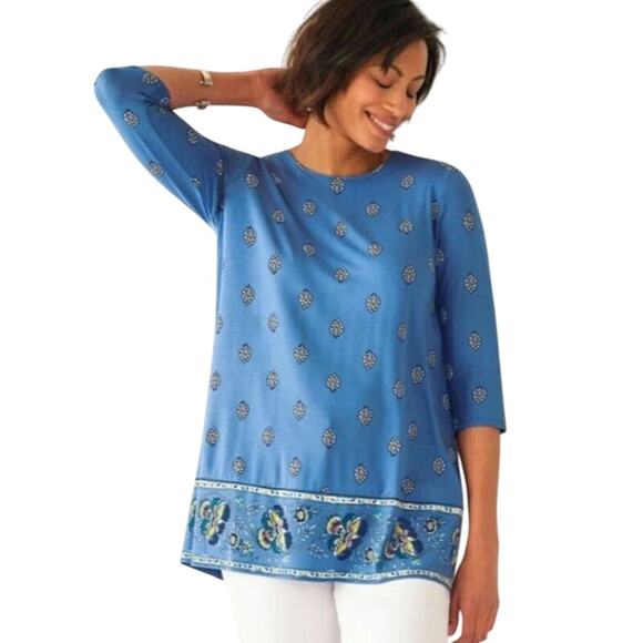 J Jill Wearever Collection Blue Paisley Border Print Tunic Top Women Size M Boho - Picture 1 of 9